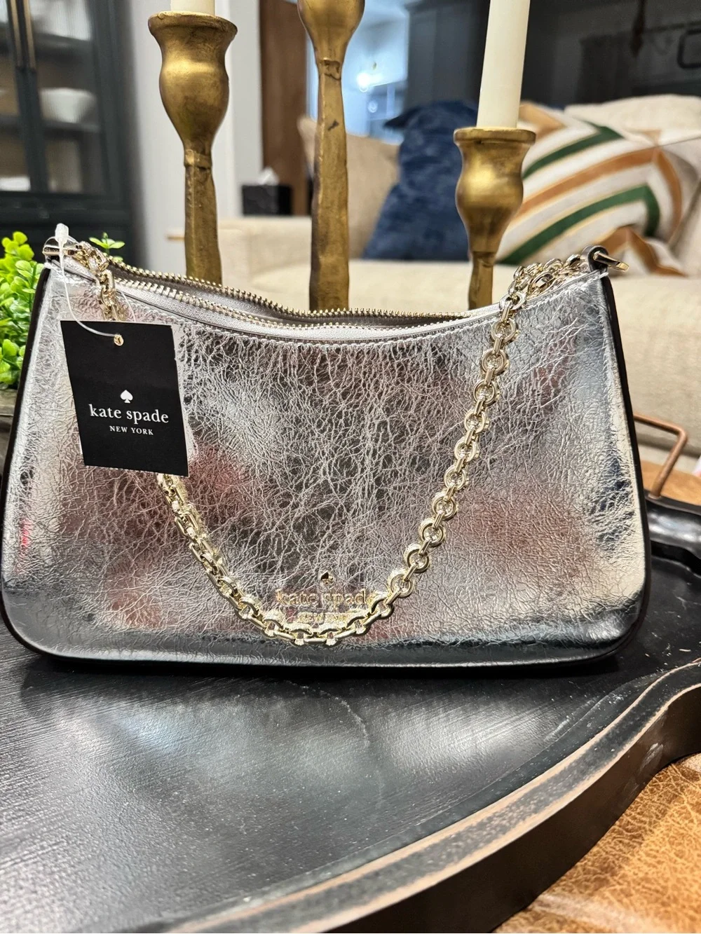 kate spade Silver Metallic Shoulder Bag with Gold Chain Strap